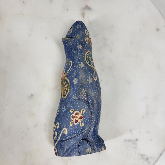 VTG Wooden Cat Shelf Sitter 6" Blue Hand Made Carved Painted Paisley Floral - Picture 8 of 16